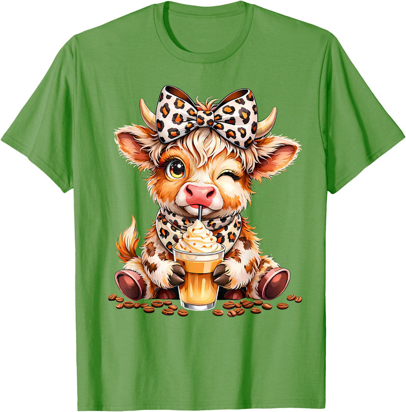 Cute Highland Cow Coffee Addict Leopard Bow Highland Cow Coffee Addict Funny Drink Coffee T-Shirt - Grass Green