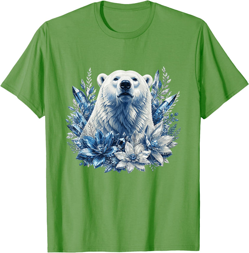 Arctic Polar Bear Winter Floral Nature Ice Blue Snow Polar Bear with Winter Flowers T-Shirt - Grass Green