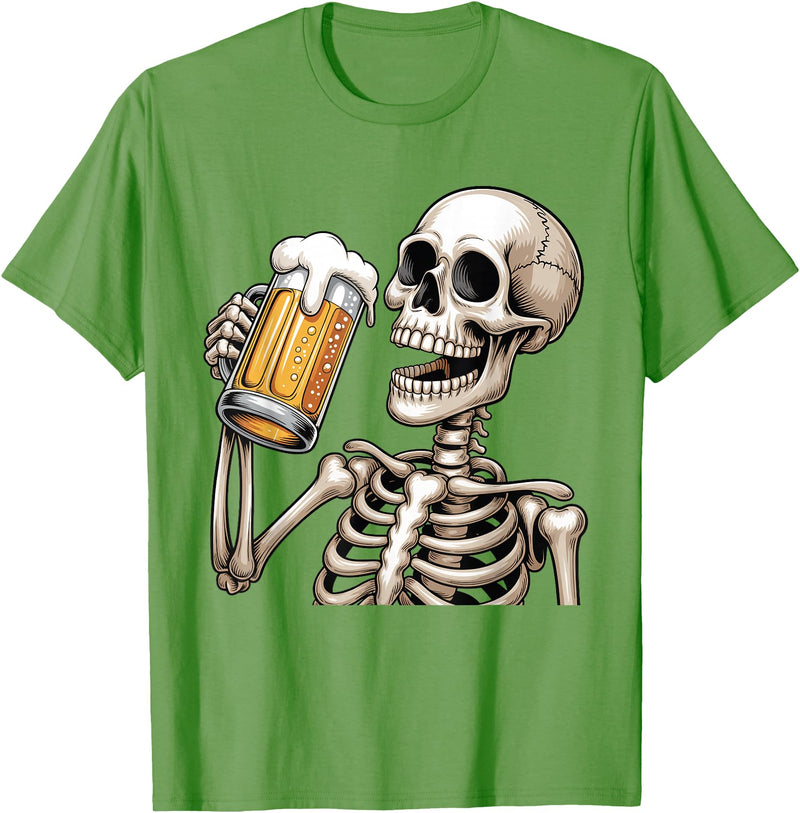 Halloween Skull Skeleton Drinking Beer Funny Kids Skeleton Drinking Beer Halloween Spooky Season Mens Womens T-Shirt - Grass