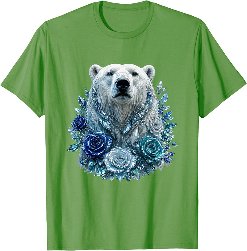 Arctic Polar Bear Crystal Rose Winter Spirit Majestic Polar Bear with Blue Ice Crystal Roses T-Shirt - Grass Green