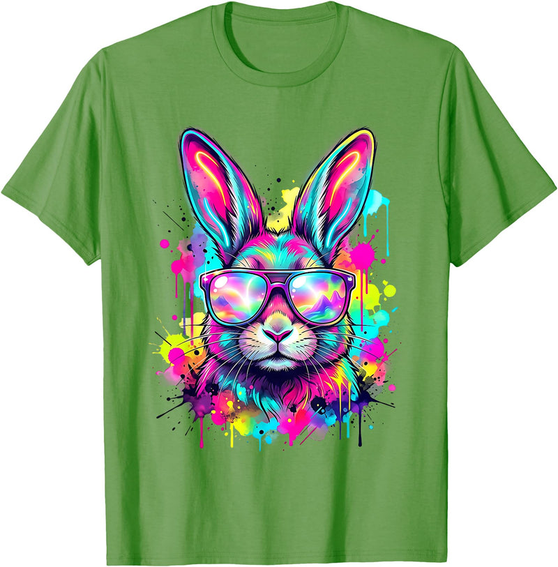 Happy Easter Bunny Face Tie Dye Bunny Rabbit with Glasses T-Shirt in Grass Green