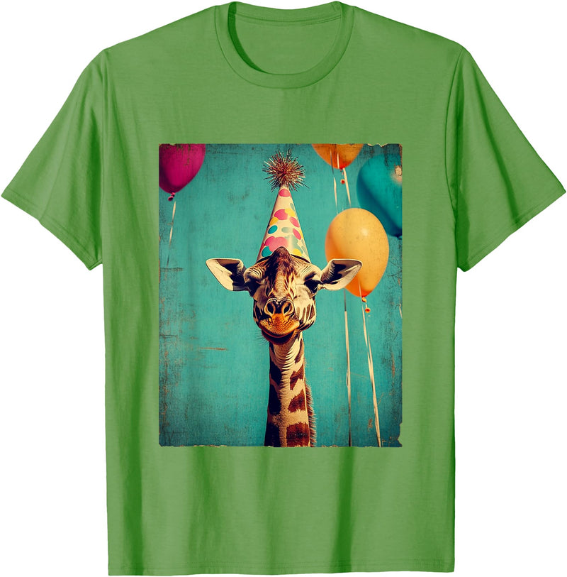 Giraffe Animal Zoo Birthday Party Apparel Unisex-Kids Retro Art Print Giraffe Birthday Party T-Shirt Black Short Sleeve Small - Grass Green