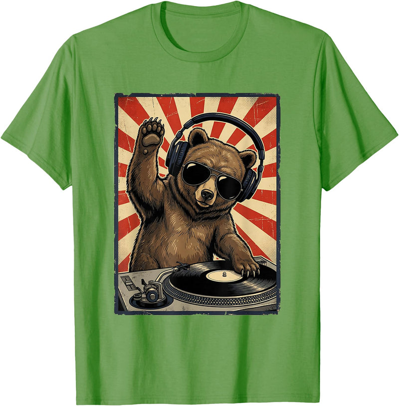 Bear DJ Stuff & Accessories Cool Retro Bear DJ Funny Bears Music Men Women Kids T-Shirt - Grass Green