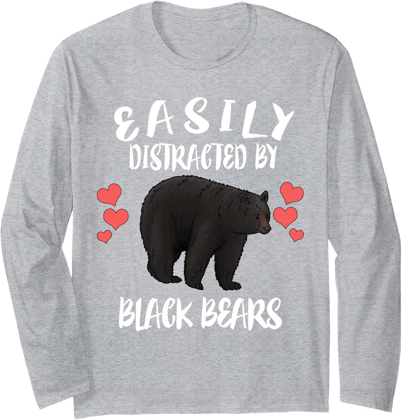 Easily Distracted By Black Bears Long Sleeve T-Shirt - Heather Grey