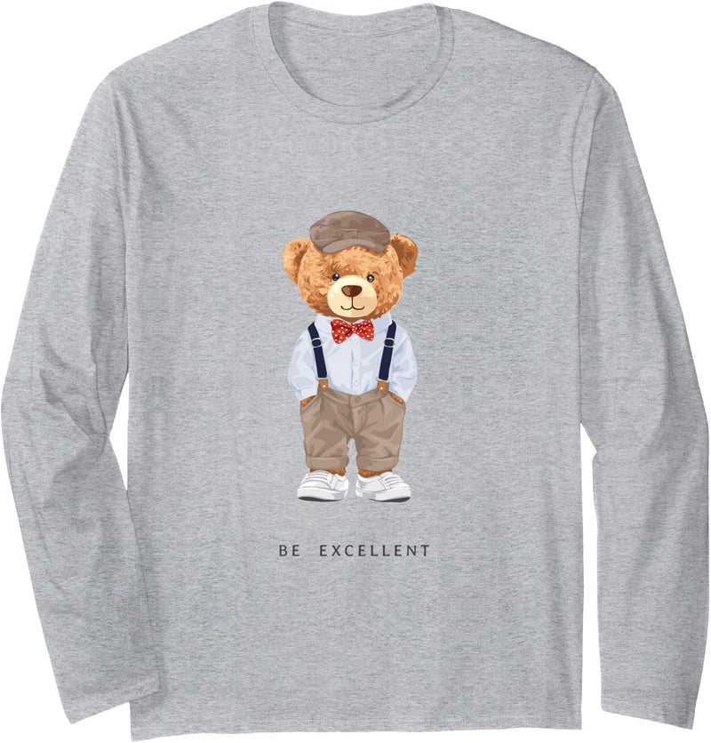 Bahaa's Tee Cool Teddy Bear Happy Quotes Illustration Graphic Designs Long Sleeve T-Shirt - Heather Grey