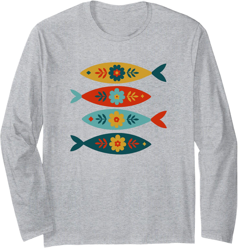 Tin Fishies Scandinavian Folk Art Fish Design, Colorful Long Sleeve T-Shirt - Heather Grey