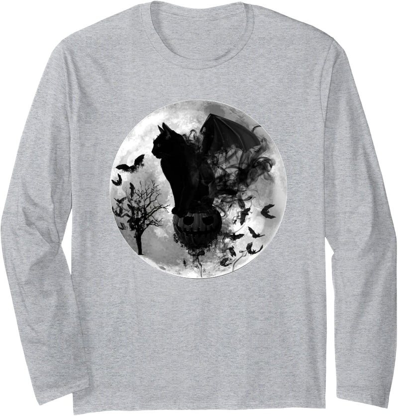 Halloween Horror Apparel ADC Gothic Batcat Black Cat Halloween Full Moon Spooky Bats Long Sleeve T-Shirt - Heather Grey