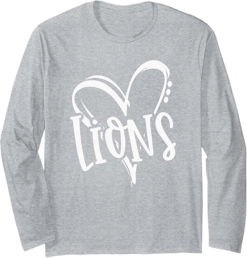 Lion School Spirit Sport Team Co. Lions School Sports Fan Team Spirit Heart Long Sleeve T-Shirt - Heather Grey