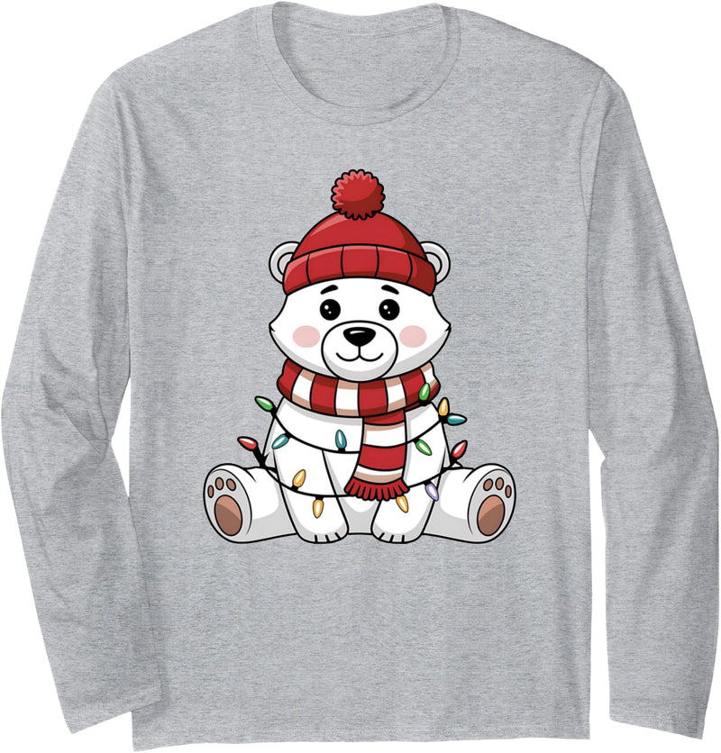 Festive Holiday Bear Design Cute Christmas Polar Bear Wrapped in Lights Long Sleeve T-Shirt - Heather Grey