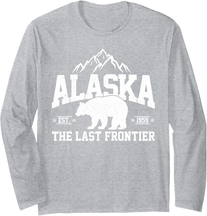 We Love Alaska - T-Shirts & Souvenirs Alaska The Last Frontier EST 1959 Grizzly Bear Mountains Long Sleeve T-Shirt - Heather Grey