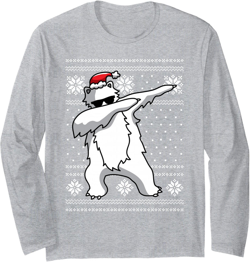 Funny Christmas Dabbing Shirts Santa Apparel Gift Dabbing Polar Bear T-Shirt Funny Christmas Dancing Gift Long Sleeve T-Shirt - Heather Grey