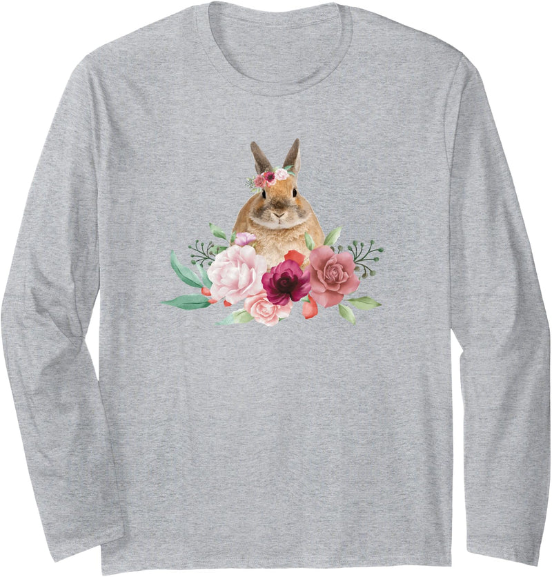 Rabbit Cute Bunny Vintage Aesthetic Flower Botanical Long Sleeve Shirt in Heather Grey