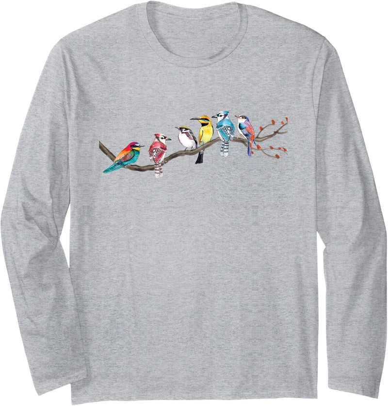 Birding & Bird Lover Shirts Birds On A Branch - Birding Bird Watching Bird Watcher Long Sleeve T-Shirt - Heather Grey