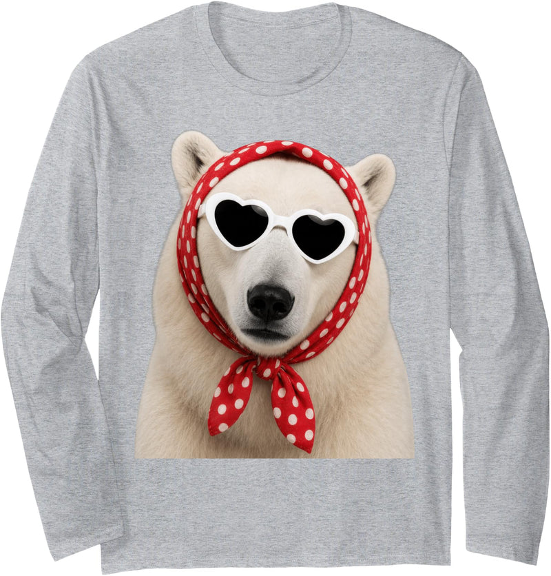 Funny Polar Bear with Sunglasses Cute Polar Bear Lover Heart Sunglasses Long Sleeve T-Shirt - Heather Grey