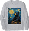 Bear Designs. Bear Van Gogh Style Starry Night Funny Graphic Long Sleeve T-Shirt - Heather Grey
