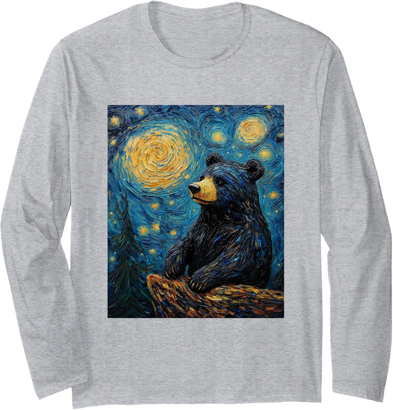 Bear Designs. Bear Van Gogh Style Starry Night Funny Graphic Long Sleeve T-Shirt - Heather Grey