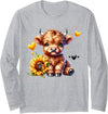 Highland Cow With Sunflower Girls Women Kids Cute Highland Cow with Sunflower Women Girl Long Sleeve T-Shirt - Heather Grey