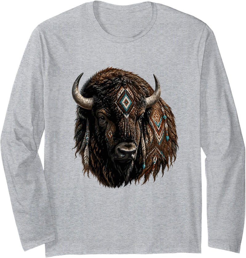 Boho Western Tribal Bison Buffalo Spirit Mystic Buffalo Bison Tribal Boho Western Spirit Long Sleeve T-Shirt - Heather Grey