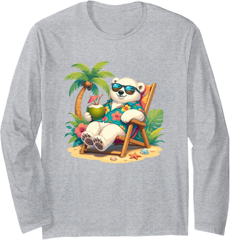 Tropical Polar Bear Summer Beach Vibes Relaxed Polar Bear Hawaiian Shirt Summer Beach Long Sleeve T-Shirt - Heather Grey