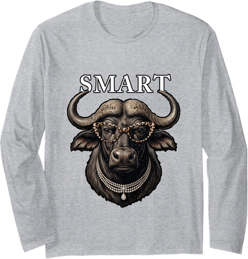 Funny Meme Smart Buffalo Gift Funny Necklace Leopard Glasses Smart Buffalo Long Sleeve T-Shirt - Heather Grey