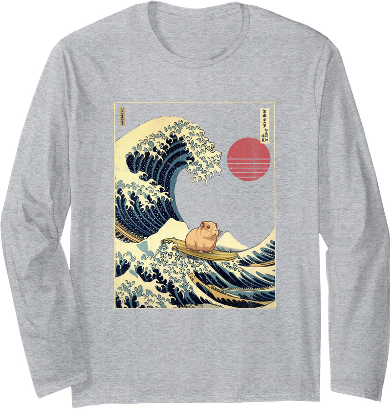 AxisNagawa Guinea Pig Kanagawa Wave Funny Surf Animal Long Sleeve T-Shirt - Heather Grey
