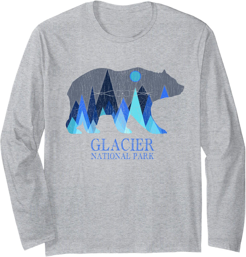 Glacier Grizzly Bear Tsunrisebey Retro Glacier Grizzly Bear Glacier National Park Long Sleeve T-Shirt - Heather Grey