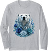 Arctic Polar Bear Crystal Rose Winter Spirit Majestic Polar Bear with Blue Ice Crystal Roses Long Sleeve T-Shirt - Heather Grey