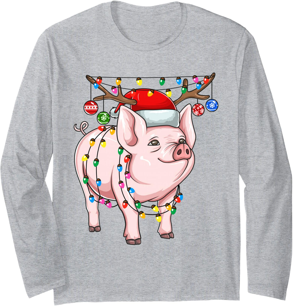 Merry Christmas Animals Co Christmas Pig Holiday Lights With Antlers And Ornaments Long Sleeve T-Shirt - Heather Grey