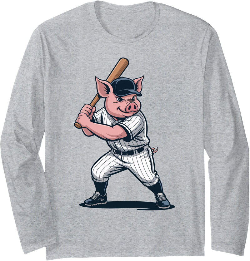 Pig Animal Baseball Lovers Graphic Funny Pig Playing Baseball Artwork Vintage Animal Baseballer Long Sleeve T-Shirt - Heather Grey