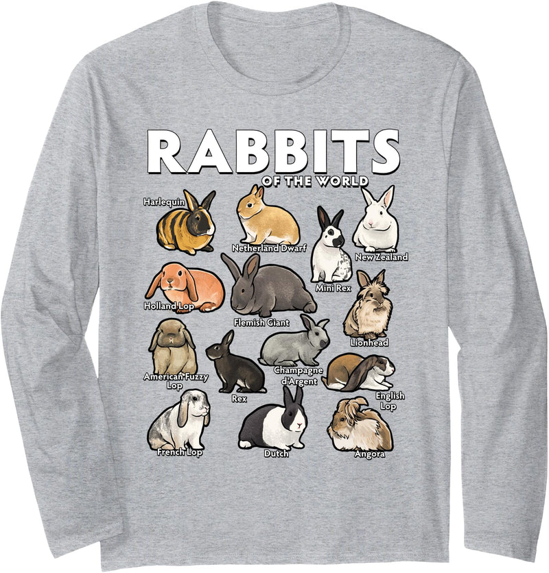 Rabbits of the World Educational Illustration Long Sleeve Shirt in Heather Grey
