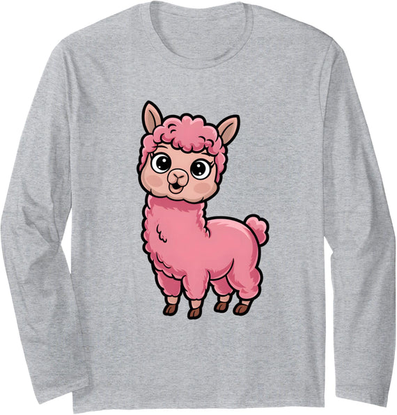 Cute Pink Llama Cartoon Kawaii Alpaca Girls Animal Art Long Sleeve T-Shirt - Adult Unisex Heather Grey