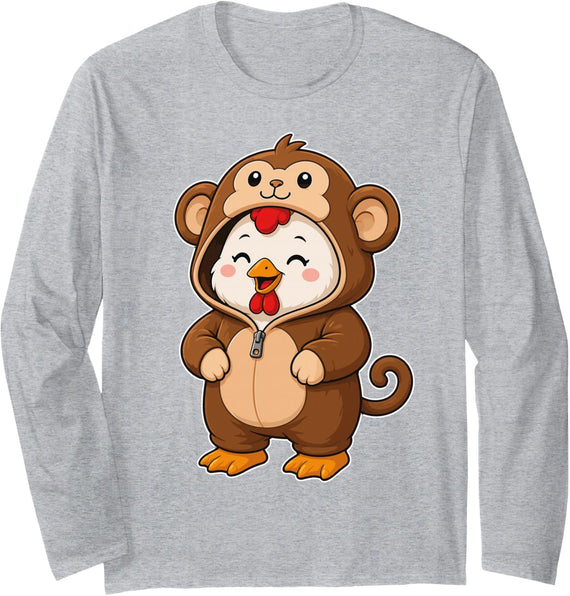 Kawaii Chicken in a Monkey Costume for Girls Kids Monkey Long Sleeve T-Shirt - Adult Unisex Heather Grey