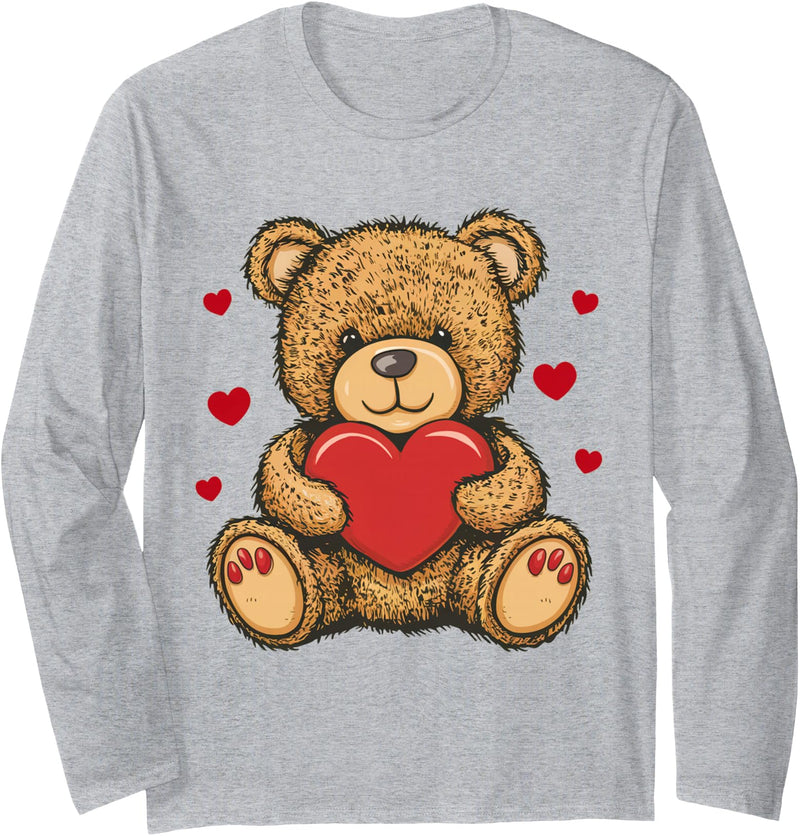 AirBear Adorable Teddy Bear with Heart- Love plushie Long Sleeve T-Shirt - Heather Grey