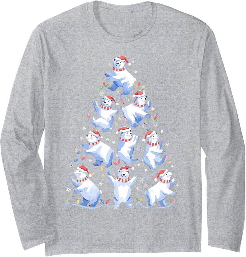 White Giant Christmas Tree Lights Santa Hats Polar Bear Christmas Tree Funny Ice Bear Holiday Long Sleeve T-Shirt - Heather Grey
