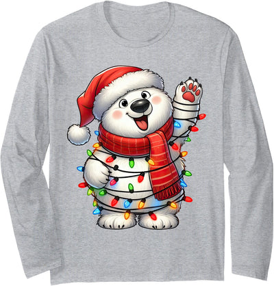Wrapped with Christmas Lights Polar Bear Christmas Lights Santa Hat Boys Girls Kids Long Sleeve T-Shirt
