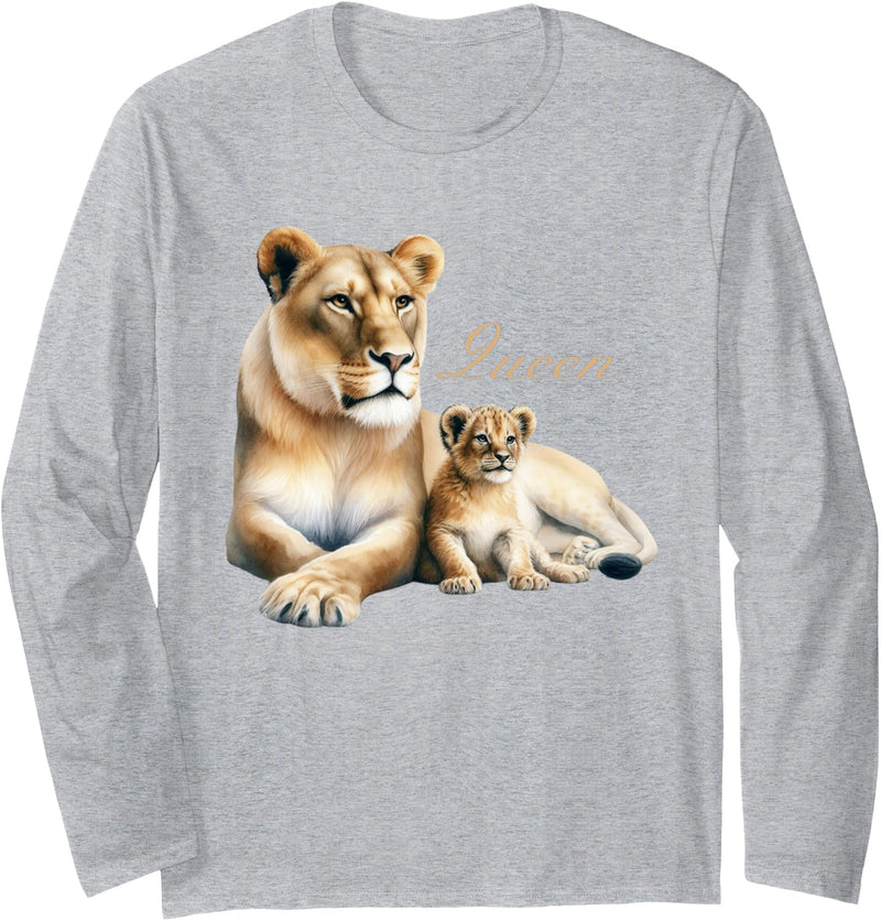 Queen Lioness Tees Lioness Lion Cub Queen Lioness Female Big Cat Lovers Design Long Sleeve T-Shirt - Heather Grey