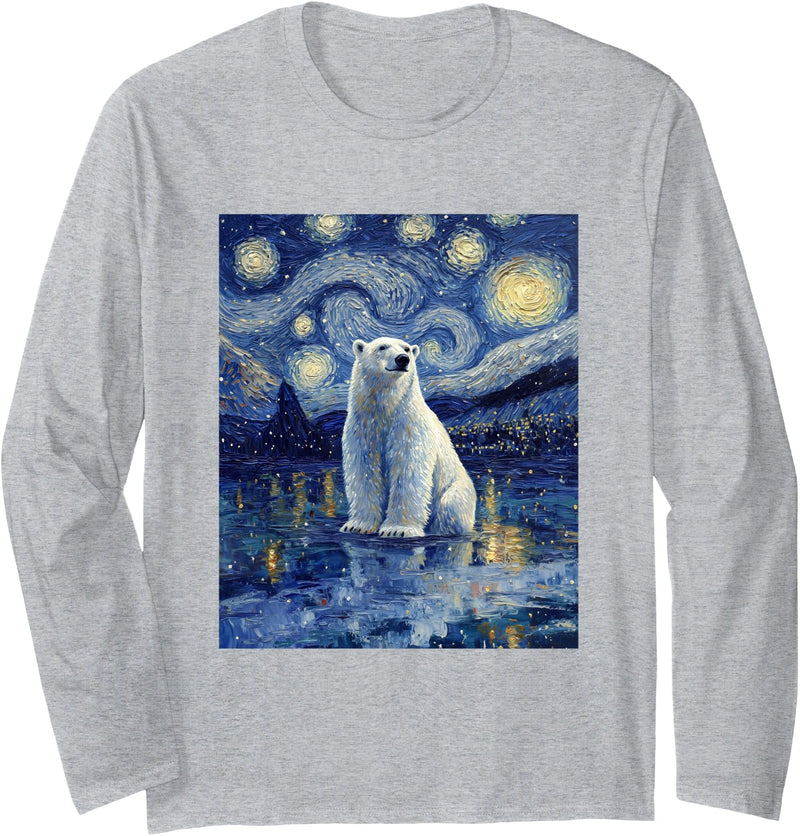 Bear Designs. Cute Polar Bear Van Gogh Style Starry Night Graphic Long Sleeve T-Shirt - Heather Grey