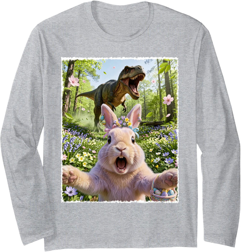Funny Rabbit Selfie with T-Rex Dinosaur Easter Bunny Long Sleeve Shirt in Heather Grey