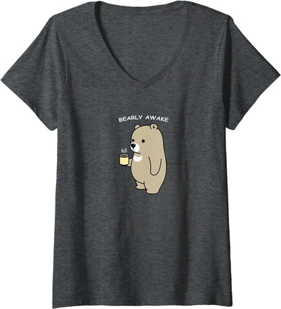 Womens Animal Pun "Bearly Awake", Sleepy Bear with a Cup of Coffee V-Neck T-Shirt