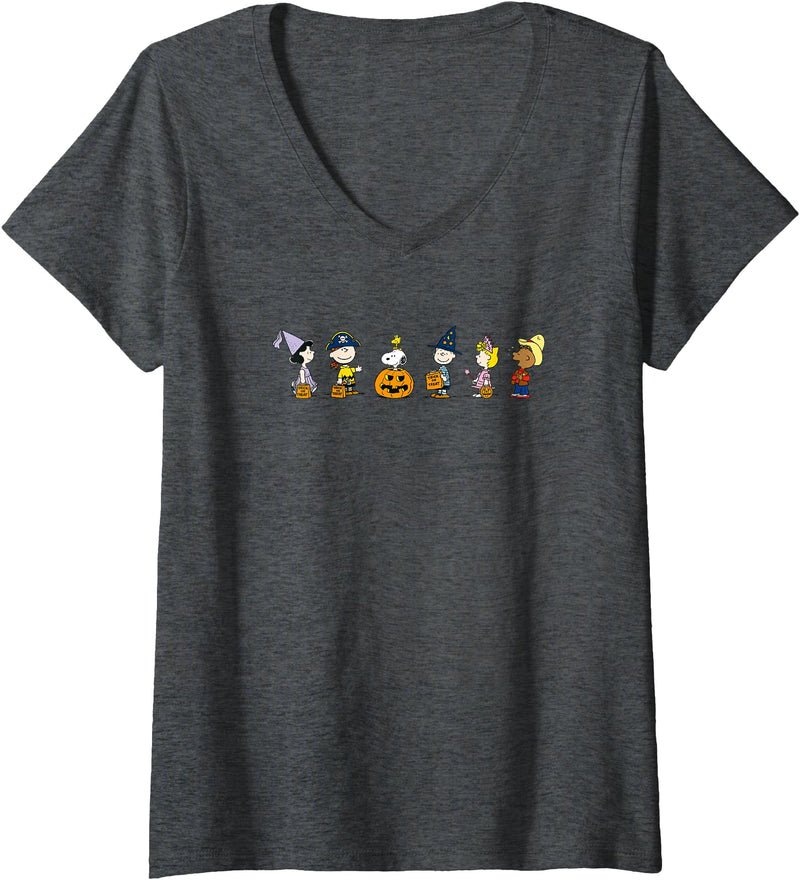 Womens Peanuts Halloween Line V-Neck T-Shirt - Dark Heather Grey