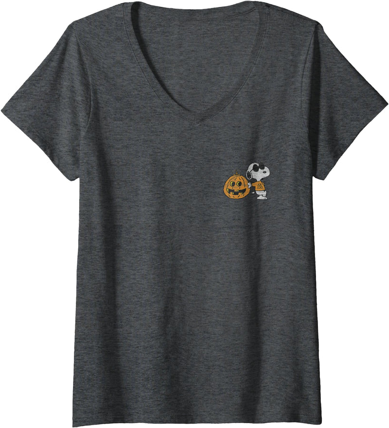 Womens Peanuts Halloween Cool Pumpkin Snoopy V-Neck T-Shirt - Dark Heather Grey