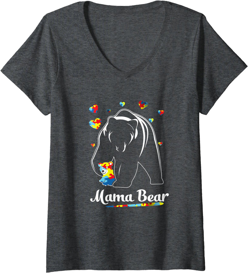 Autism Bear T-shirts Womens Autism Mom Mama Bear Mother’s Day Cute Autism Matching V-Neck T-Shirt - Dark Heather Grey