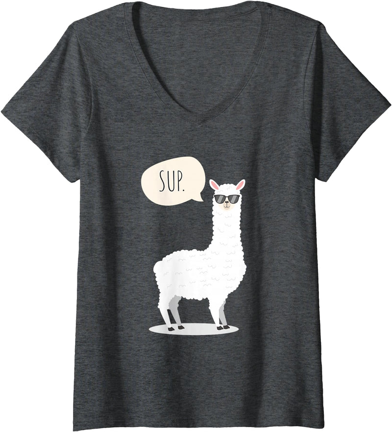 Funny & Cute Llama Gifts by OMG Womens Sup No Drama Llama Alpaca V-Neck T-Shirt - Dark Heather Grey