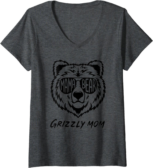 Womens Mama Bear Grizzly Mom V-Neck T-Shirt - Dark Heather Grey