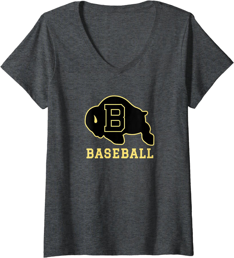 Buffalo High School, Buffalo, WY 82834 Women's Buffalo High School WY Logo Baseball V-Neck T-Shirt - Dark Heather Grey