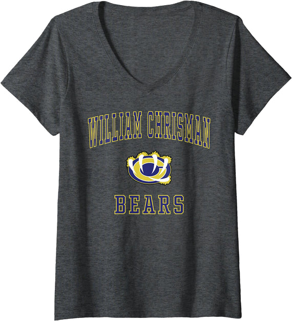 Official High School Fan Gear Womens William Chrisman High School Bears V-Neck T-Shirt - Dark Heather Grey