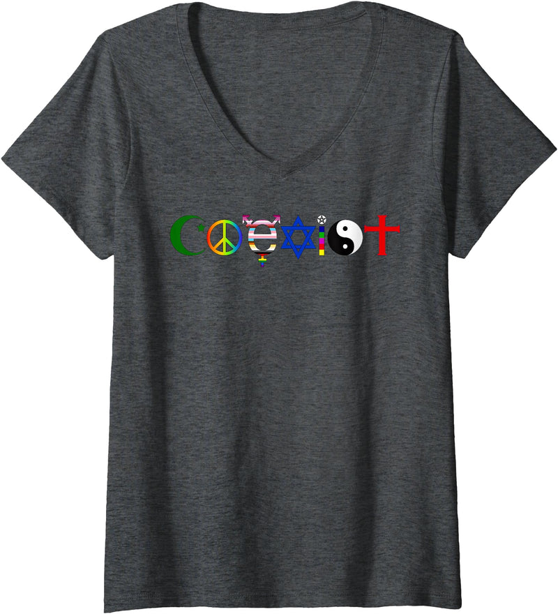 Bear In The Cloud Womens Coexist V-Neck T-Shirt - Dark Heather Grey