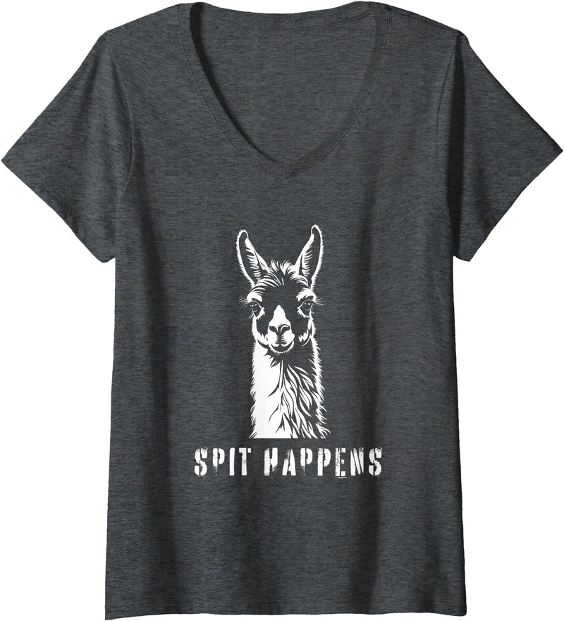 Womens Funny Llama Spit Happens - Llama Drama V-Neck T-Shirt - Dark Heather Grey