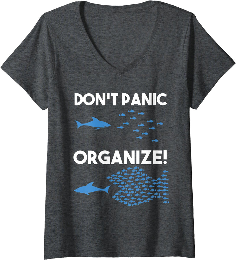Fishes Fish Swarm Organise Womens Don't Panic Organize Fish Swarm Shark V-Neck T-Shirt - Dark Heather Grey