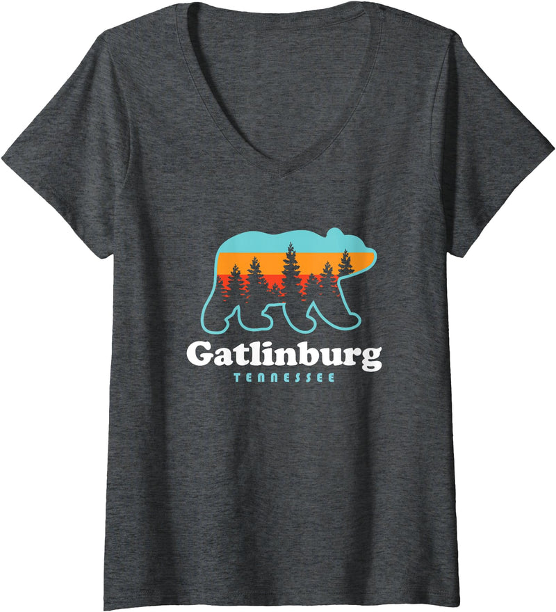 Great Smoky Mountains TN Travel Womens Gatlinburg Tennessee Bear Great Smoky Mountains V-Neck T-Shirt - Dark Heather Grey